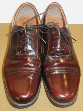 EUC DESIGNER CLARKS SHINY LEATHER BROWN LACE UP SHOES MEN'S SIZE 10.5 LD 7358